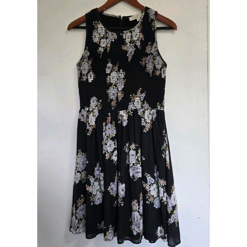 Ann Taylor Loft Dress Womens 8 Black Dark Floral Smocked Fairy Grunge Whimsigoth